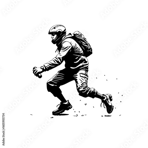 Black and white graphic illustration of a running man with helmet and backpack rushing through a rugged path