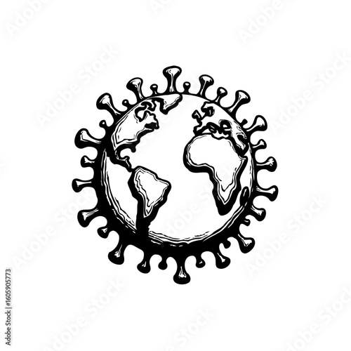Global pandemic conceptual illustration depicting the earth as a deadly virus with spiky projections emphasizing worldwide health crisis