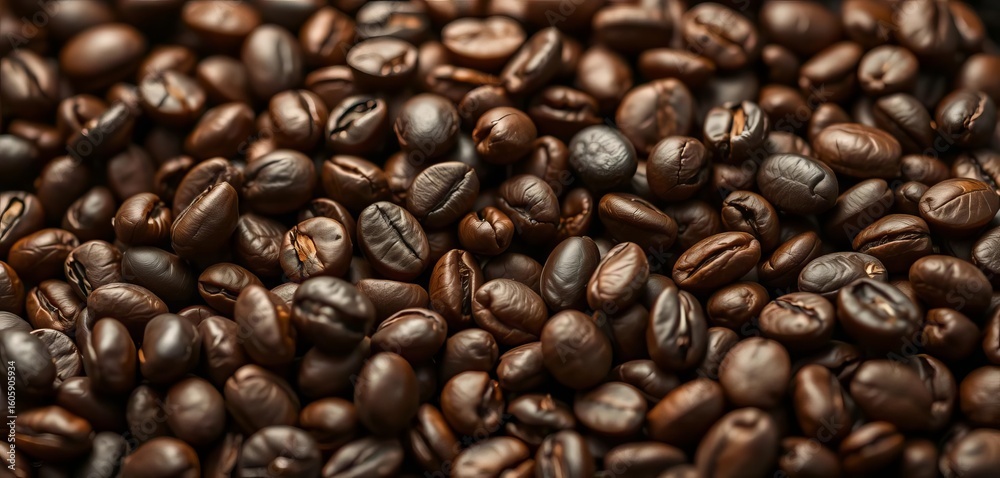 Fototapeta premium Dark, roasted coffee beans close-up, rich texture, picture, single origin