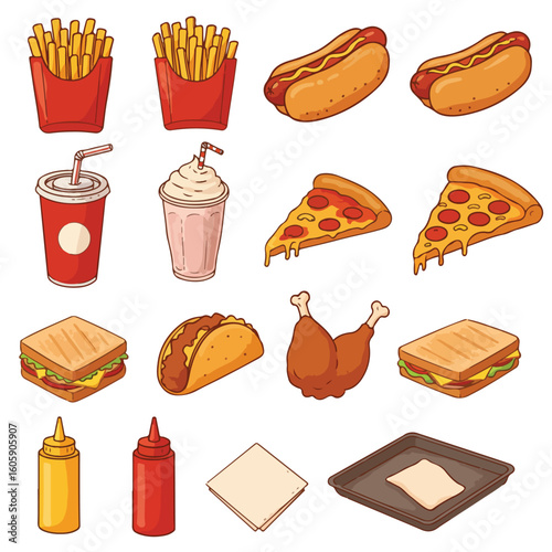 Illustration of various fast food items including pizza and hot dogs