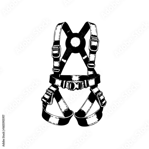 Black and white illustration of a safety harness used for industrial or construction work