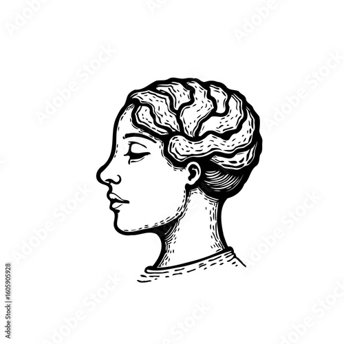 Creative concept of a woman's head with a brain-shaped hairstyle representing intelligence and thinking capacity