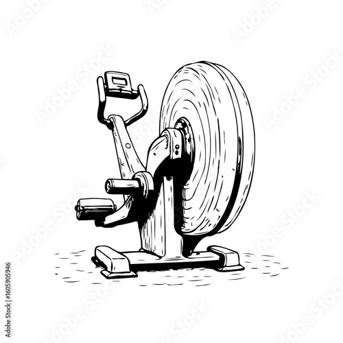 A vintage exercise bike illustration showing fitness equipment in black and white vector format featuring indoor cycling