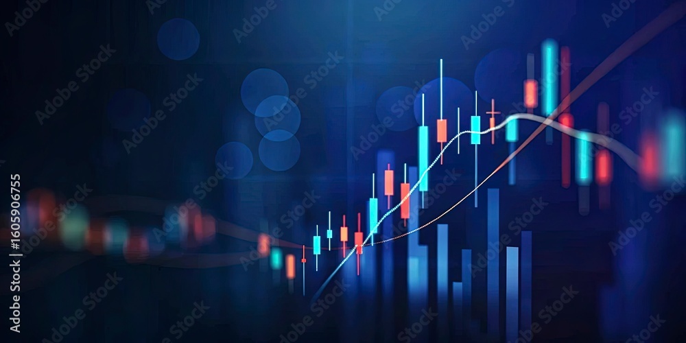Naklejka premium A dynamic financial chart displays an upward trend with candlestick indicators