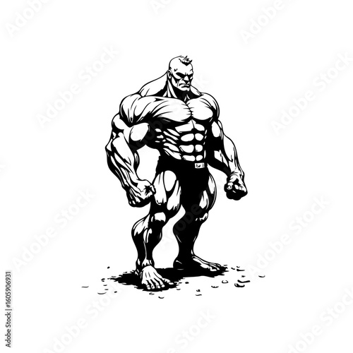 Powerful and muscular character illustration showcasing strength physique depicting fitness bodybuilder in black and white vector, representing superhuman