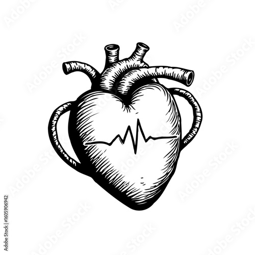 Detailed anatomical heart illustration with an electrocardiogram line symbolizing life health wellness vitality cardiovascular awareness and medical research for health