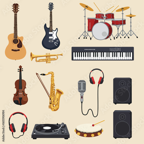Collection of various musical instruments and audio equipment arranged