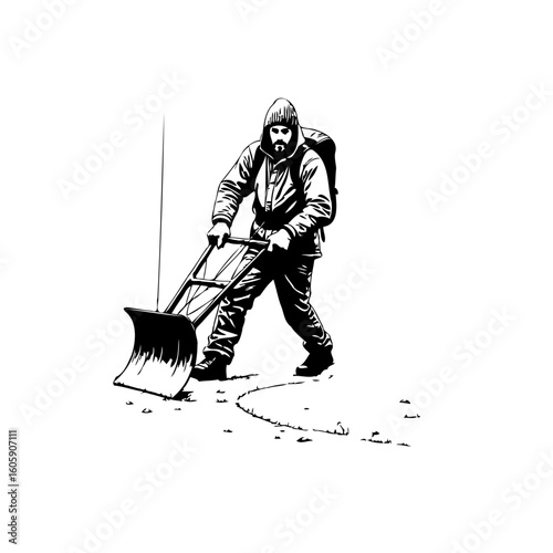 Illustration of a bearded man pushing a snow pusher or shovel in winter landscape scene minimal