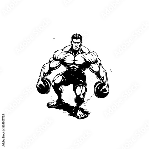 Powerful muscular bodybuilder lifting heavy dumbbells displaying strength determination and dedication in a black and white illustration