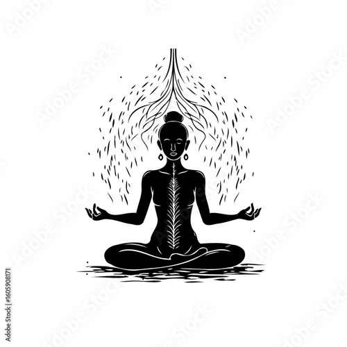 Silhouette of a meditating woman with tree roots connecting her spine in peaceful zen state concept