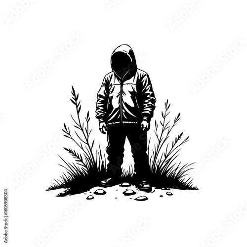 Silhouette of mysterious hooded figure amidst foliage evokes suspense and intrigue in simple yet powerful illustration