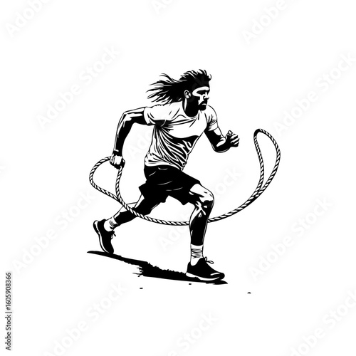 Dynamic black and white illustration of a runner sprinting with a rope, embodying speed and athleticism