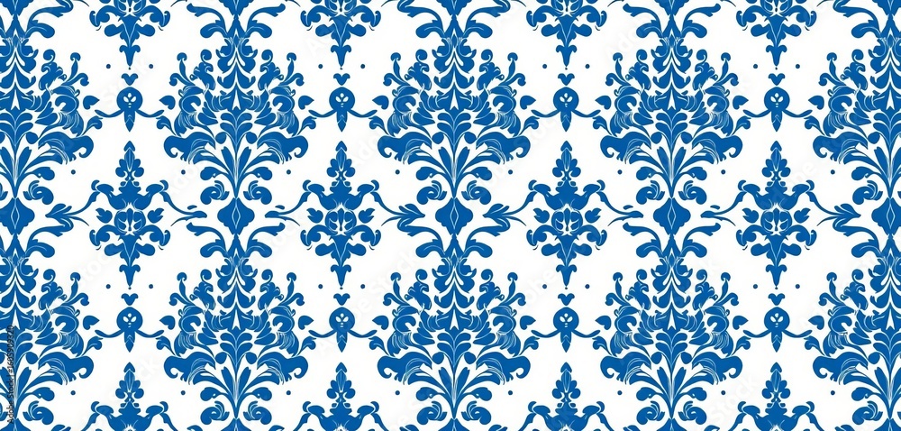 Elegant blue damask horizontal vector seamless pattern on white background , pattern, digital paper Elegant blue damask horizontal vector seamless pattern on white background , pattern, digital paper