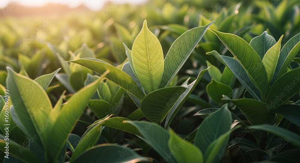 Fototapeta premium Fresh green leaves bathed in morning light 