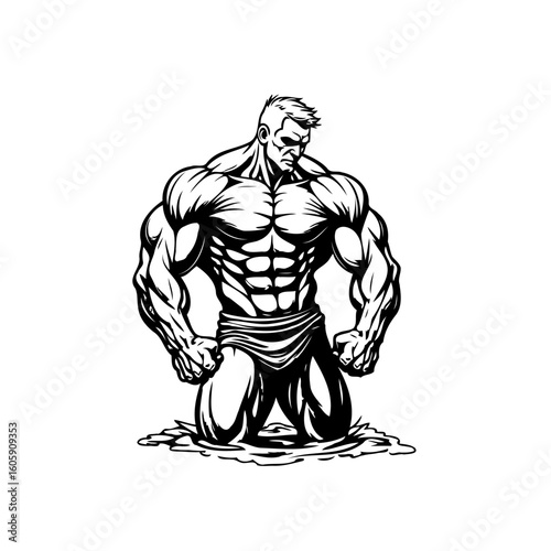 Illustrative fitness icon showcasing a muscular man symbolizing strength determination and physical health and promoting wellness