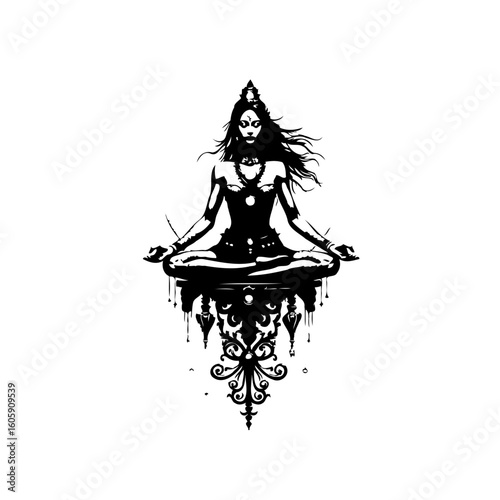 Meditative deity illustration featuring intricate details and symbolic ornament in stark contrast evoking spirituality