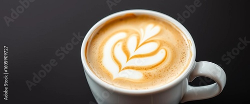 Creamy cappuccino, frothy milk art, in white cup, isolated,  cafe,  white