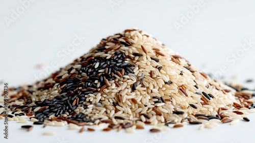 Mixed Pile of Raw Rice on White Background