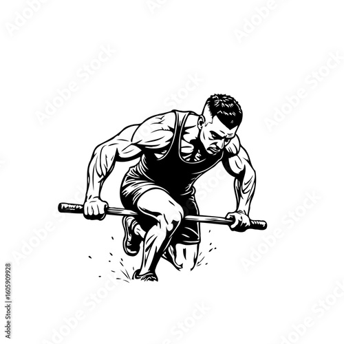 Intense muscular man pushing metal rod on the ground illustration to shows hard work strong