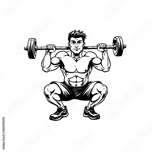 Illustration of a muscular man squatting with a barbell showcases strength and fitness workout training and athletic