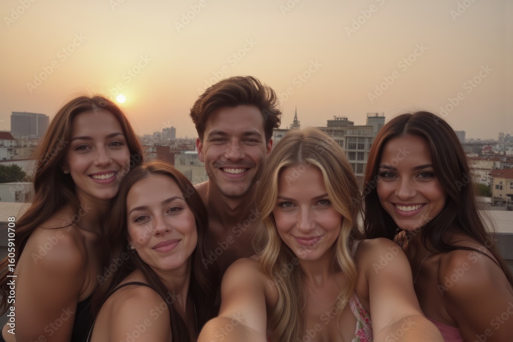 Fototapeta premium Group of friends posing for a selfie on a rooftop at sunset.