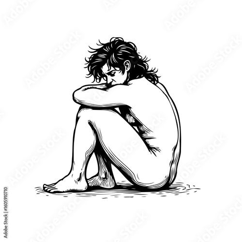 Expressive illustration of a solitary figure depicting inner turmoil and emotional vulnerability with unique line art style