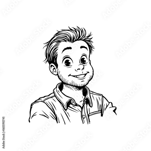 Illustration of a cheerful young man with a beard smiling warmly showcasing a friendly expression drawing