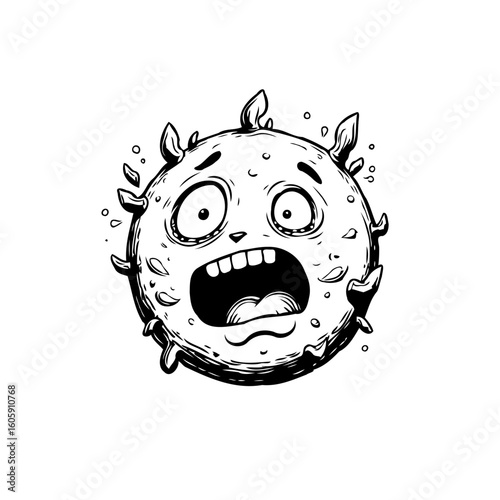 Scared coronavirus cell with open mouth and eyes in graphic vector doodle drawing style illustration about virus protection and awareness