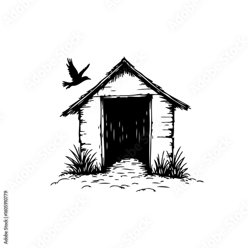 Rustic shed illustration featuring a soaring bird conveying tranquility and a connection with rural landscapes