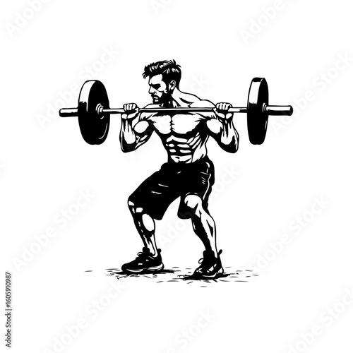 Powerful weightlifter performs squats with heavy barbell showing fitness and strength at gym exercise