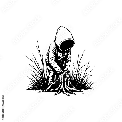 Solitary hooded figure in barren landscape evokes mystery and introspection with emotional darkness with black and white design