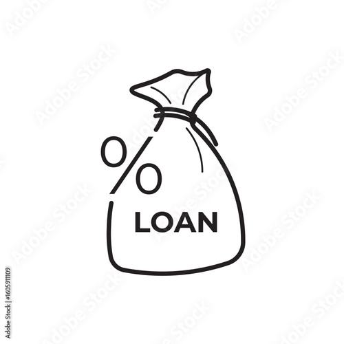 Line icon of a money bag labeled “LOAN” with percentage signs, symbolizing personal loan, interest rate, credit lending, or financial borrowing for fintech, banking, or budgeting platforms.
