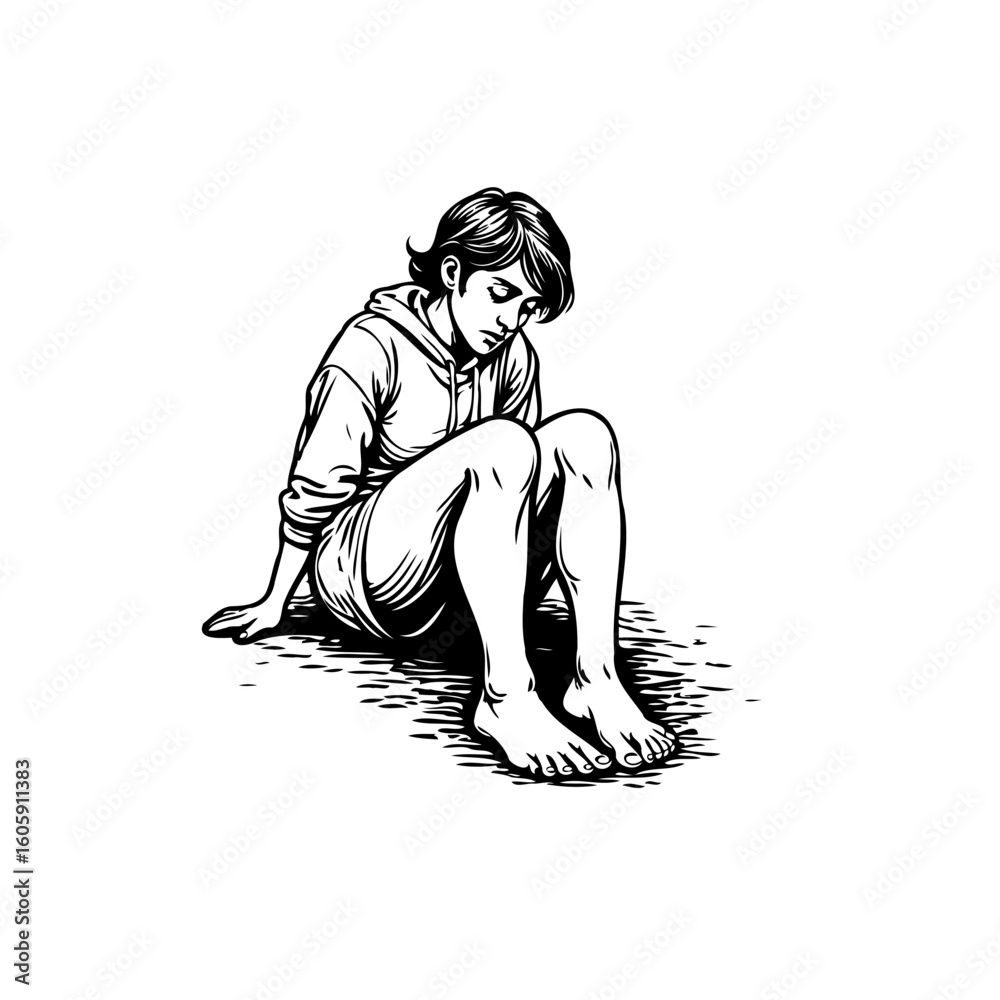 Fototapeta premium Monochrome vector illustration of a thoughtful teenager sitting on the ground alone in contemplation and despair