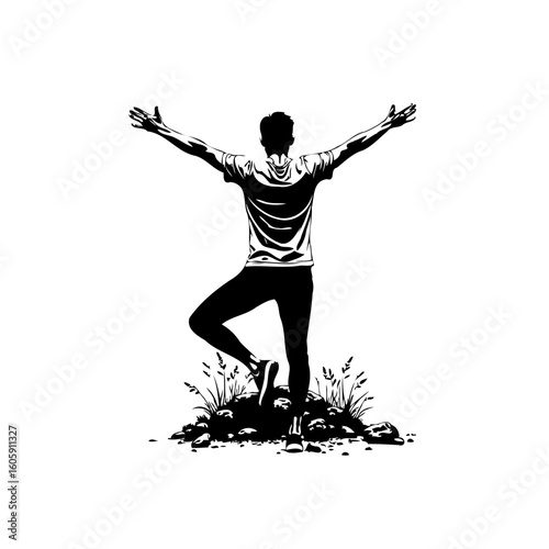 Empowering solitude: a silhouette of mental fortitude and well being outdoors achieving balance within nature peacefully
