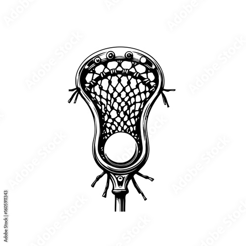 Engraved lacrosse stick illustration showcasing athletic equipment for sports and recreational activities competition matches training