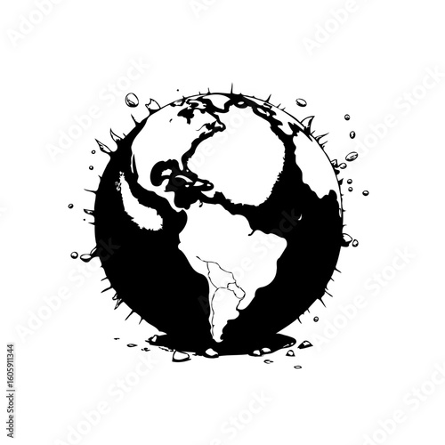 Black and white earth illustration depicting global issues and environmental concerns a minimalist design