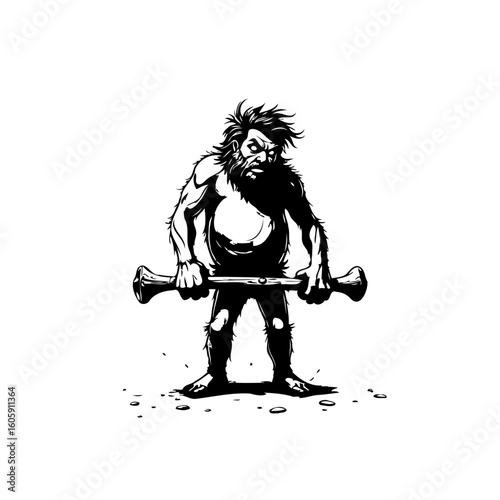 Aggressive caveman carrying a heavy bone club preparing to fight illustration demonstrating strength and primitive survival skills isolated in white