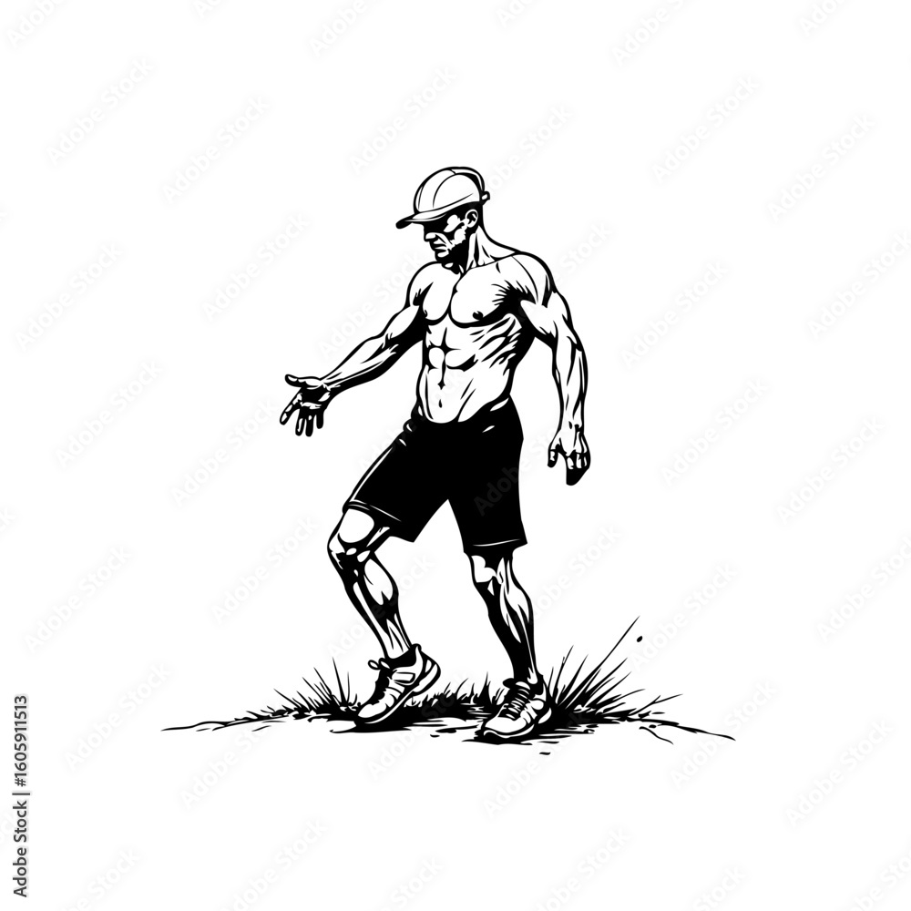 Fototapeta premium Strong construction worker illustration: Powerful athletic physique in helmet during exercise and training