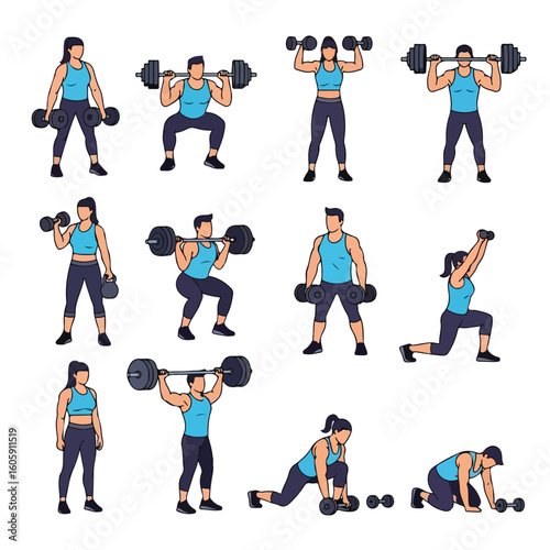 Various fitness exercises with barbells and dumbbells on white background