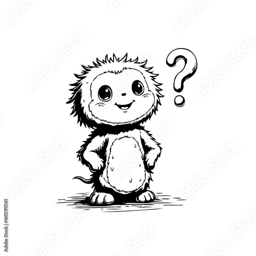 Cute cartoon character with a questioning expression illustration creating a thoughtful or inquisitive mood line drawing