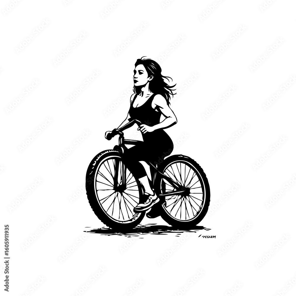 Obraz premium Dynamic black and white illustration of a woman riding her bicycle with determination and focus on her fitness journey