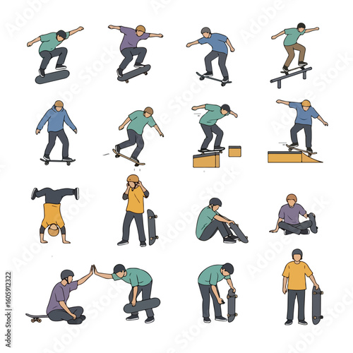 A collection of illustrations showing various skateboarding activities