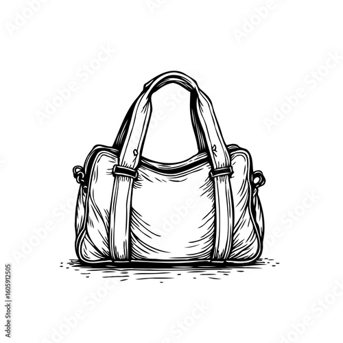 Elegant duffel bag design featuring intricate line art illustration and shading creating a stylish and versatile aesthetic