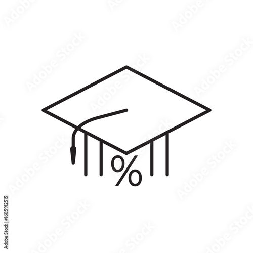 Black outline icon of a graduation cap with a percentage symbol, representing student loan or education loan. Suitable for finance, banking, education, or personal budgeting visuals.