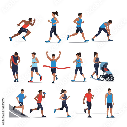 Illustrations of people running jogging and exercising in various ways