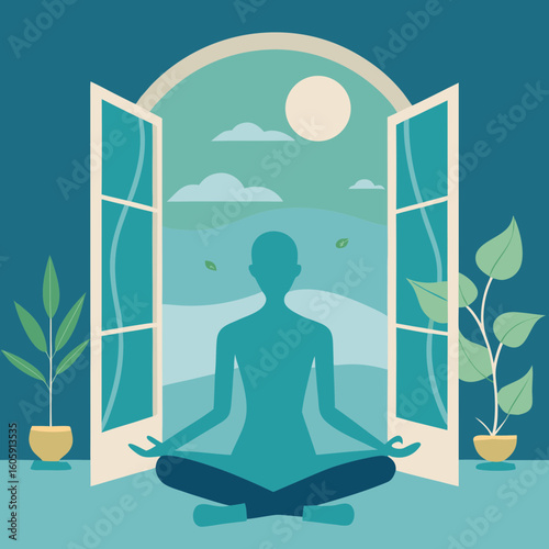 A person meditating peacefully in front of an open window, connecting with nature and finding inner peace