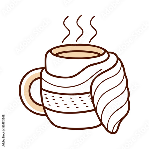 A cozy mug of hot drink, wrapped in a warm scarf, steam rising gently. It is an invitation to relax, enjoy and indulge in a moment of warmth. 