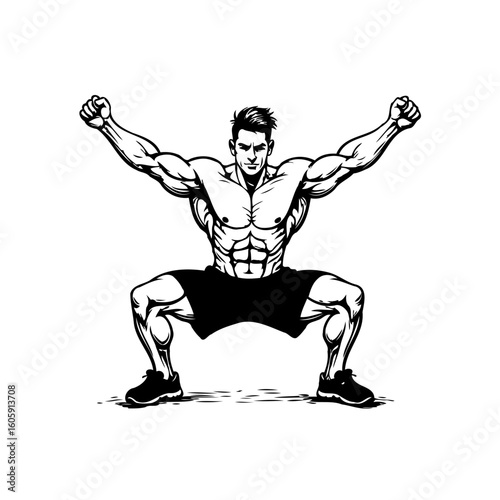 Illustration of a muscular man demonstrating a sumo squat fitness exercise routine promoting health and strength