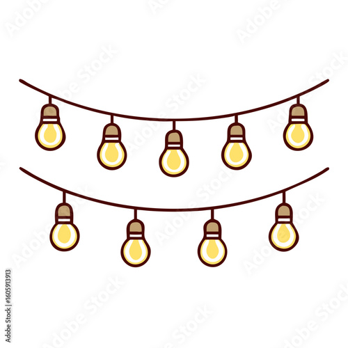 String of glowing light bulbs create a warm and festive atmosphere. The light bulbs have a yellow glow, while the cord is brown.