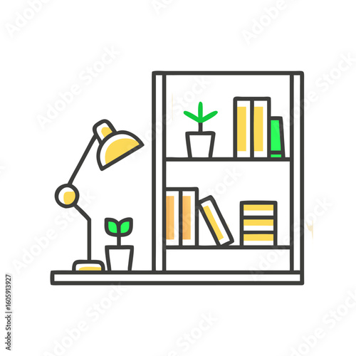 A modern home office workspace with a bookshelf, desk lamp, and potted plants, a great workspace and interior design concept. The shelf provides plenty of storage.